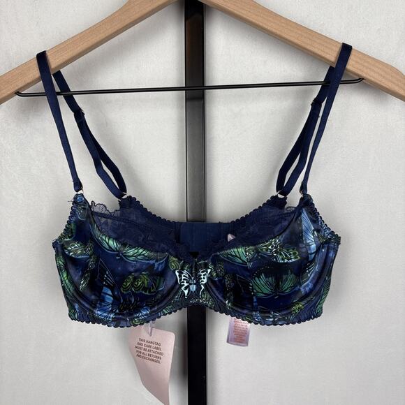 NEW Savage x Fenty Baroque Butterfly Lace Half-Cup Bra 32C Satin Blue Whimsy - Picture 1 of 10